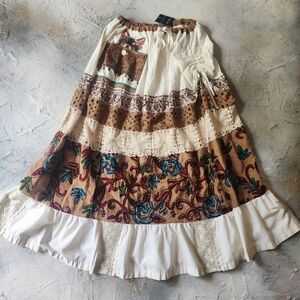 Maxi Skirt Hand Craft Patchwork Puppy Vintage Embroidery Upcycled Antique Lace